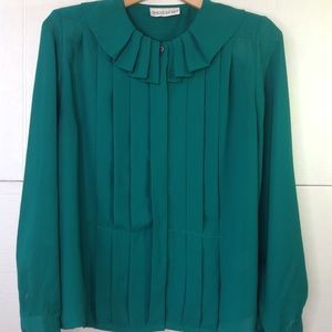 Vintage Green Pleated Blouse Round Collar Sheer